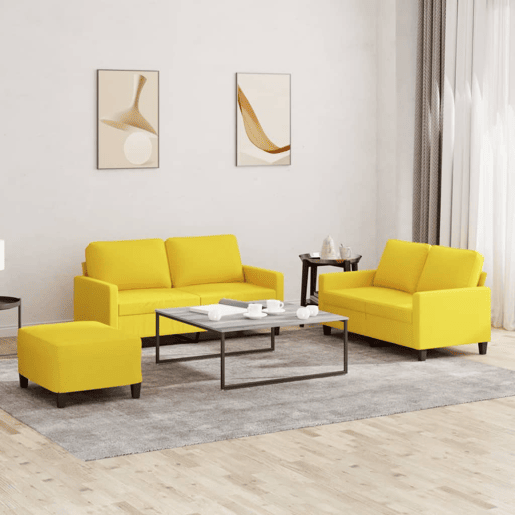 vidaXL 3 pcs conjunto de sofás com almofadões tecido amarelo-claro vidaXL 3 pcs conjunto de sofás com almofadões tecido amarelo-claro