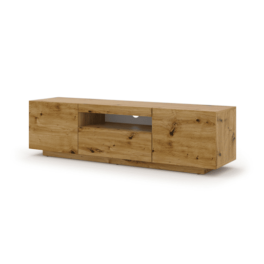 A mesa de TV AURA apresenta-se num estilo moderno. Mede 42x150x37 cm e inclui 4 prateleiras e 3 portas.