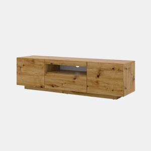 A mesa de TV AURA apresenta-se num estilo moderno. Mede 42x150x37 cm e inclui 4 prateleiras e 3 portas.