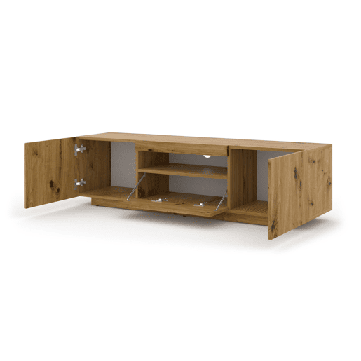 A mesa de TV AURA apresenta-se num estilo moderno. Mede 42x150x37 cm e inclui 4 prateleiras e 3 portas.