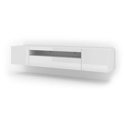 A mesa de TV AURA estilo moderno. Mede 42x200x37 cm e inclui 4 prateleiras e 3 portas.