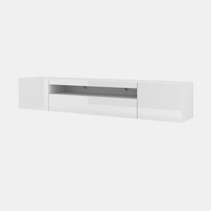 A mesa de TV AURA estilo moderno. Mede 42x200x37 cm e inclui 4 prateleiras e 3 portas.