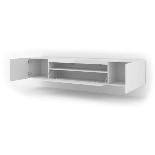 A mesa de TV AURA estilo moderno. Mede 42x200x37 cm e inclui 4 prateleiras e 3 portas.