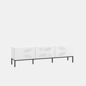 A mesa de TV CLEARING em branco é feita de madeira de engenharia e apresenta um design moderno.