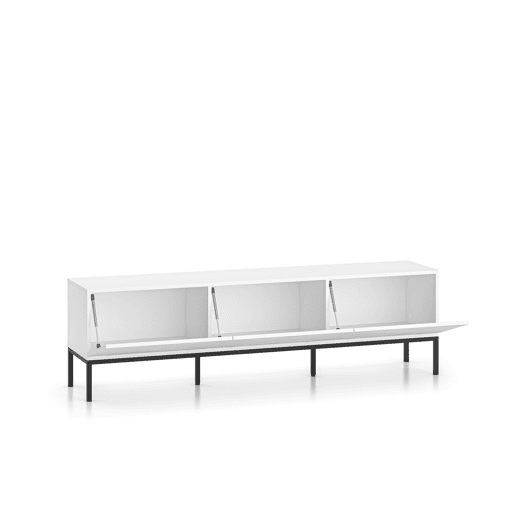 A mesa de TV CLEARING em branco é feita de madeira de engenharia e apresenta um design moderno.