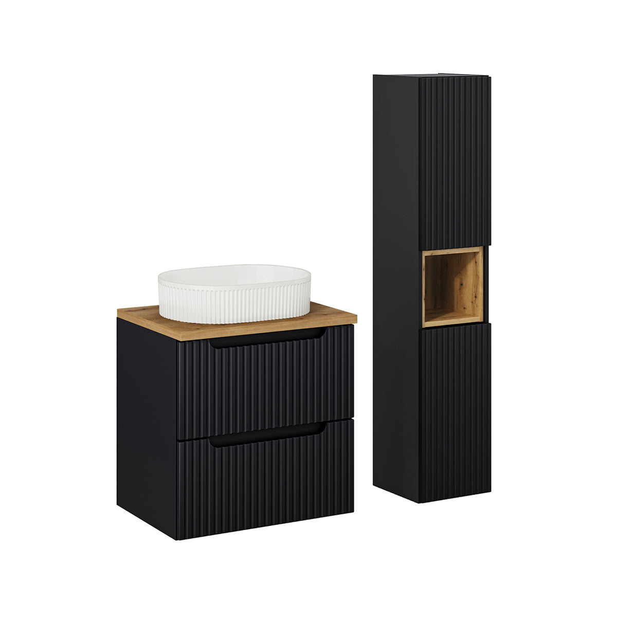 Conjunto de muebles con lavabo individual 60cm 2 cajones y columna riva negro y madera