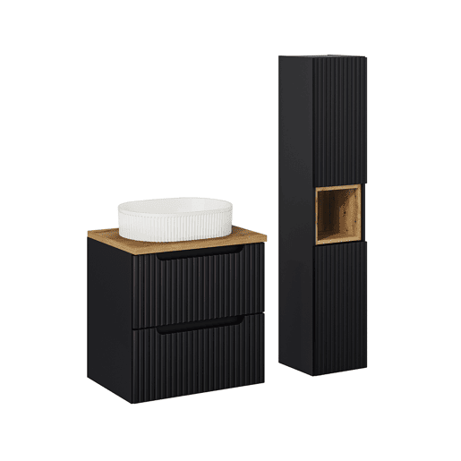 Móvel de lavatório simples 60cm 2 gavetas e coluna Riva Preto e Madeira