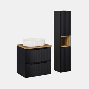 Móvel de lavatório simples 60cm 2 gavetas e coluna Riva Preto e Madeira