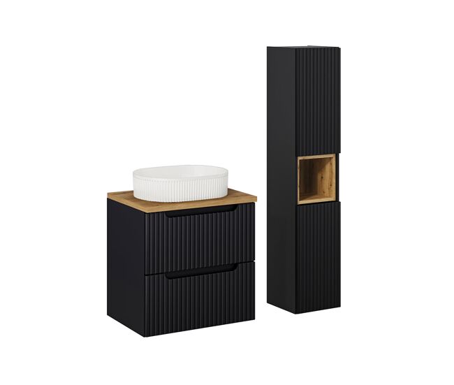 Conjunto de muebles con lavabo individual 60cm 2 cajones y columna riva negro y madera