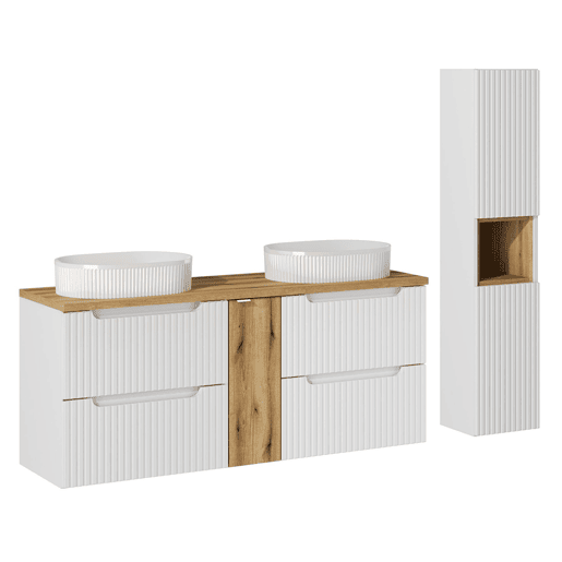 Conjunto móvel duplo lavatório 140cm 4 gavetas e coluna Riva Branco e Madeira