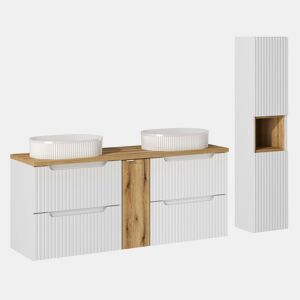 Conjunto móvel duplo lavatório 140cm 4 gavetas e coluna Riva Branco e Madeira
