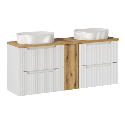 Conjunto móvel duplo lavatório 140cm 4 gavetas e coluna Riva Branco e Madeira