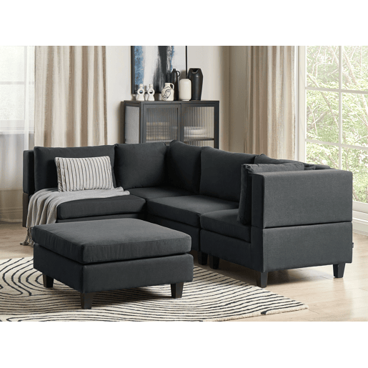 Sofá de canto modular UNSTAD Tecido Preto com repousa-pés 4 lugares à direita