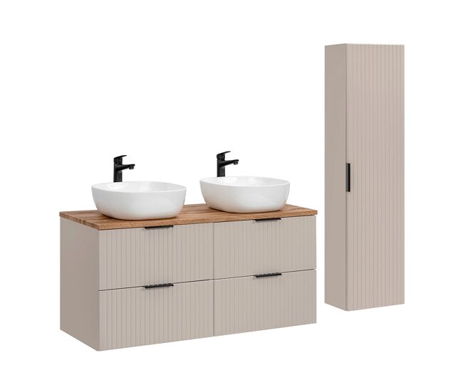 Conjunto de muebles con doble lavabo 120cm y columna adriel cachemira y madera