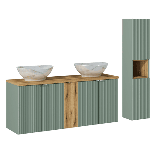 Móvel de lavatório duplo com 5 portas e 140 cm com pedestal Jade verde e madeira