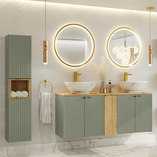 Móvel de lavatório duplo com 5 portas e 140 cm com pedestal Jade verde e madeira