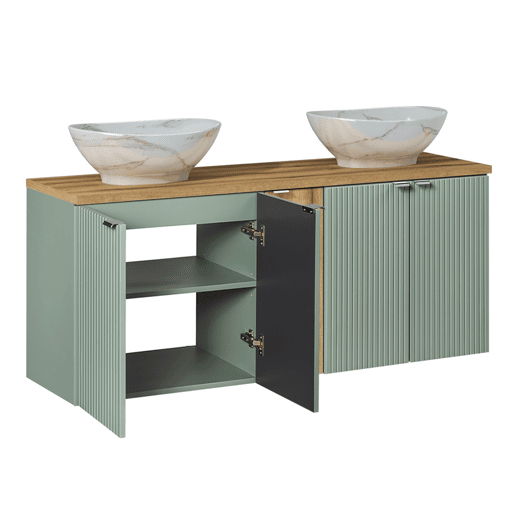 Móvel de lavatório duplo com 5 portas e 140 cm com pedestal Jade verde e madeira
