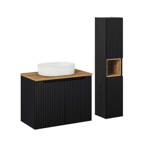 Conjunto móvel de lavatório simples 80cm 2 portas e coluna Riva Preto e Madeira