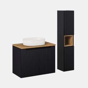 Conjunto móvel de lavatório simples 80cm 2 portas e coluna Riva Preto e Madeira