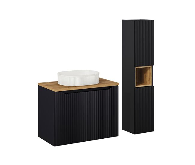 Conjunto de muebles con lavabo individual 80cm 2 puertas y columna riva negro y madera