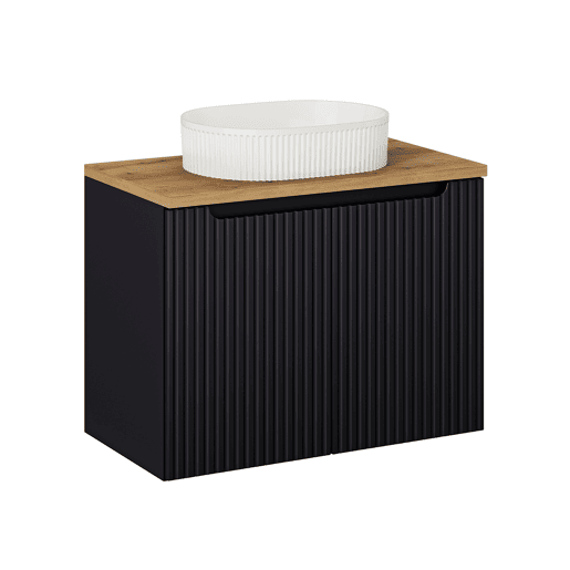 Conjunto móvel de lavatório simples 80cm 2 portas e coluna Riva Preto e Madeira