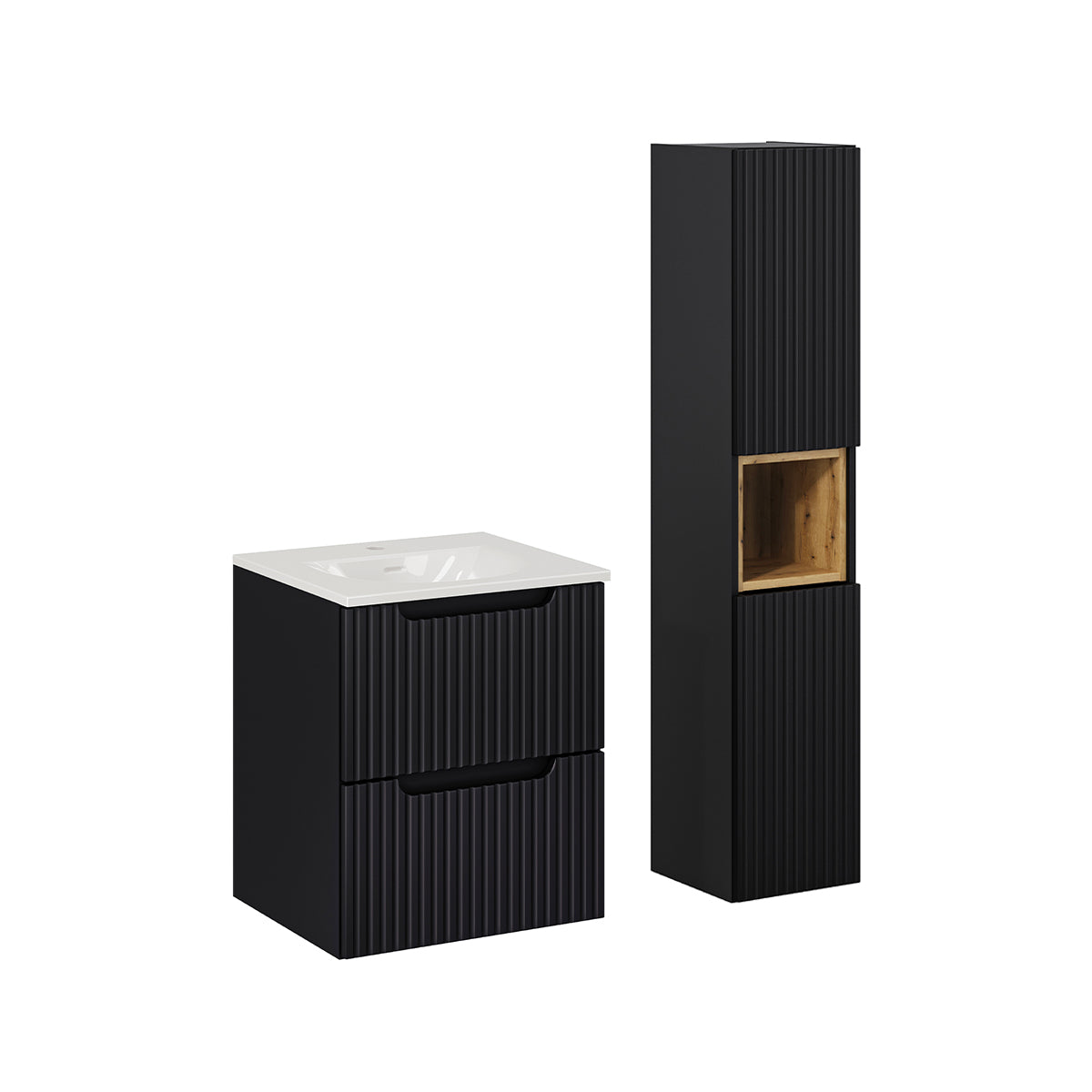 conjunto de muebles con lavabo individual encastrado 50 cm 2 cajones y columna riva negro y madera
