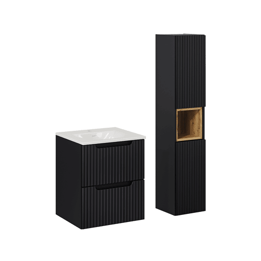 Conjunto móvel de lavatório simples encastrado 50cm 2 gavetas e coluna Riva Preto e Madeira