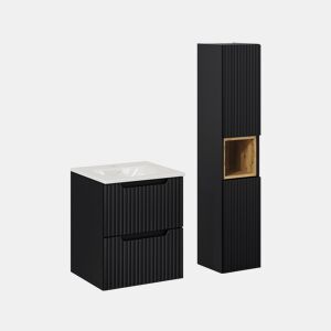 Conjunto móvel de lavatório simples encastrado 50cm 2 gavetas e coluna Riva Preto e Madeira