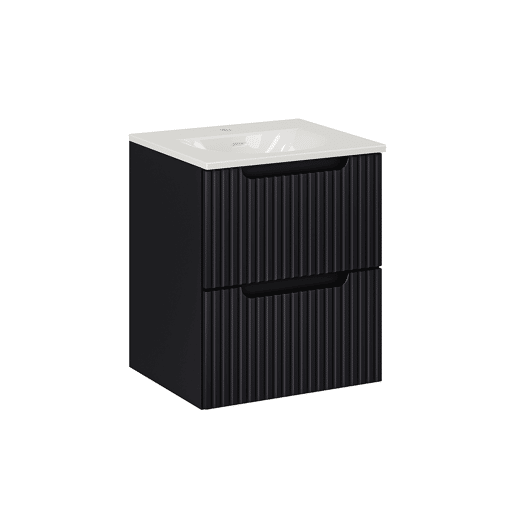 Conjunto móvel de lavatório simples encastrado 50cm 2 gavetas e coluna Riva Preto e Madeira