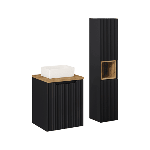 Conjunto móvel lavatório simples 50cm 2 portas coluna Riva Preto e Madeira