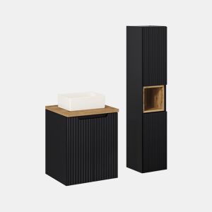 Conjunto móvel lavatório simples 50cm 2 portas coluna Riva Preto e Madeira