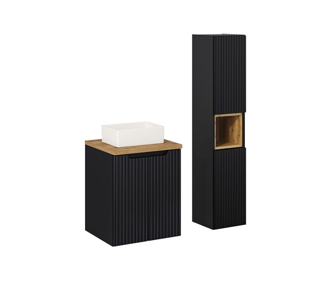 Conjunto de muebles con lavabo individual 50cm 2 puertas y columna riva negro y madera