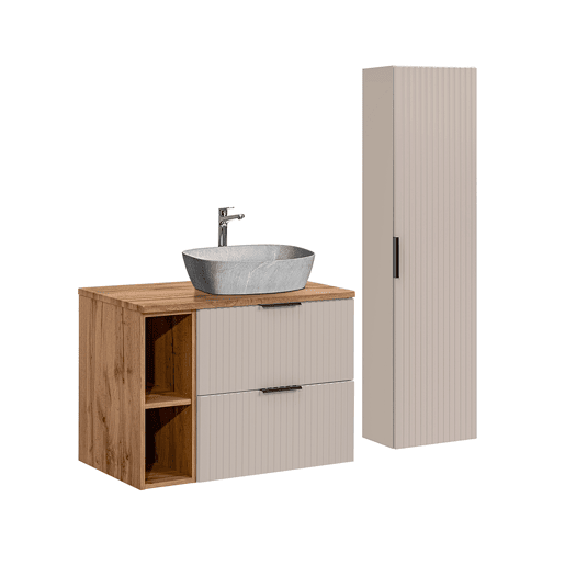 Móvel de lavatório simples Adriel Cashmere efeito madeira e pedra 80cm 2 nichos e pedestal