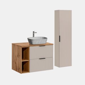Móvel de lavatório simples Adriel Cashmere efeito madeira e pedra 80cm 2 nichos e pedestal