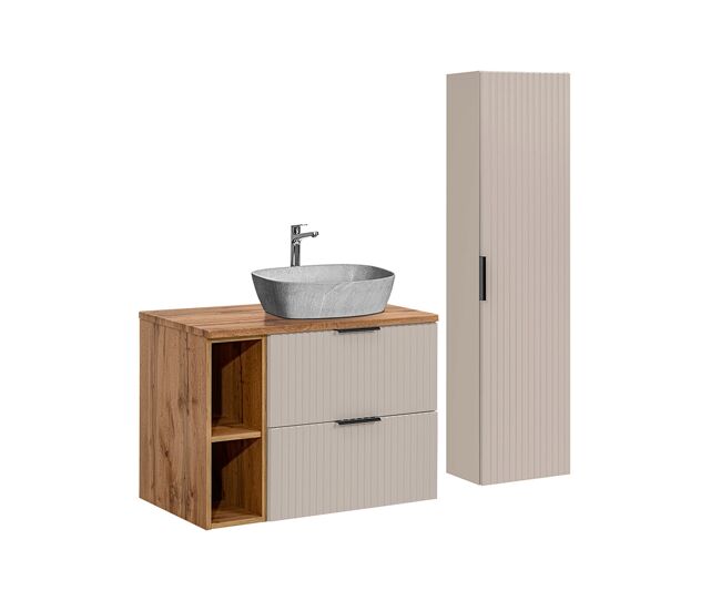 Conjunto de muebles con lavabo individual 80cm 2 compartimientos y columna adriel cachemira madera y imitación piedra