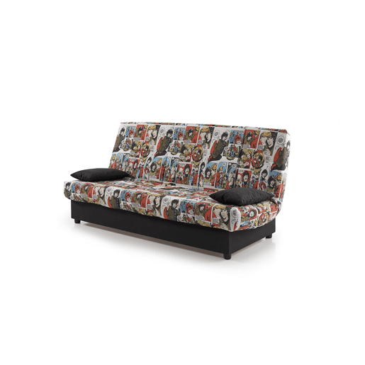 Sofá-cama Julieta de 3 lugares com mecanismo Click-Clack, estampa de quadrinhos colorida, dimensões do sofá: 184x75x31 cm, dimensões da cama: 190x132x40 cm, inclui 2 almofadas.