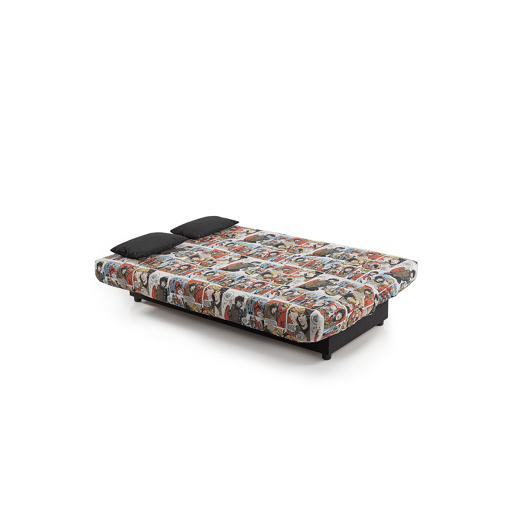 Sofá-cama Julieta de 3 lugares com mecanismo Click-Clack, estampa de quadrinhos colorida, dimensões do sofá: 184x75x31 cm, dimensões da cama: 190x132x40 cm, inclui 2 almofadas.
