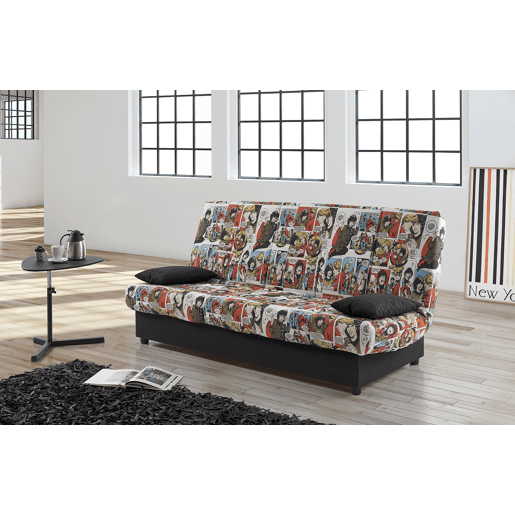 Sofá-cama Julieta de 3 lugares com mecanismo Click-Clack, estampa de quadrinhos colorida, dimensões do sofá: 184x75x31 cm, dimensões da cama: 190x132x40 cm, inclui 2 almofadas.