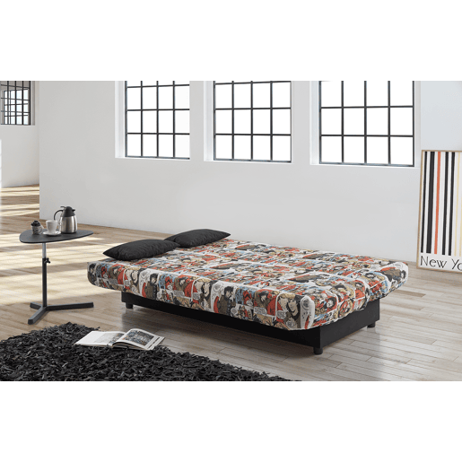 Sofá-cama Julieta de 3 lugares com mecanismo Click-Clack, estampa de quadrinhos colorida, dimensões do sofá: 184x75x31 cm, dimensões da cama: 190x132x40 cm, inclui 2 almofadas.