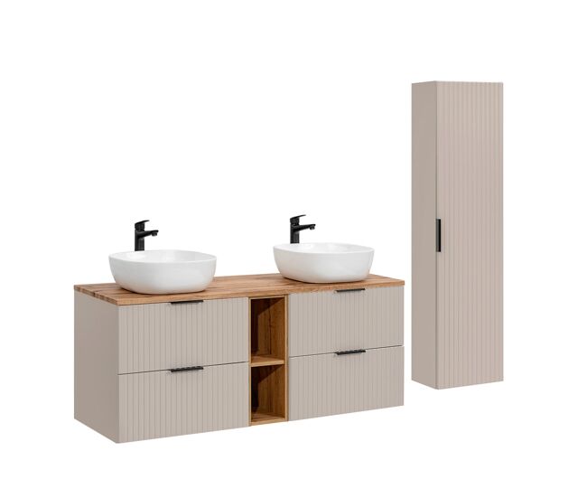 Conjunto de muebles con lavabo doble 140cm 2 compartimientos y columna adriel cachemira y madera