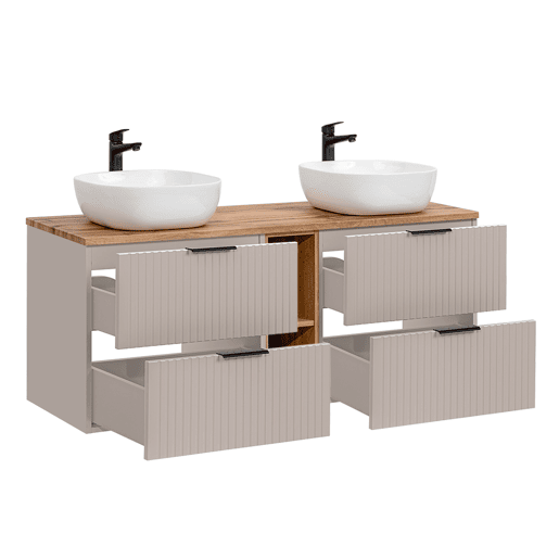 Ensemble meuble double vasque 140cm 2 niches et colonne Adriel Cachemire et Bois