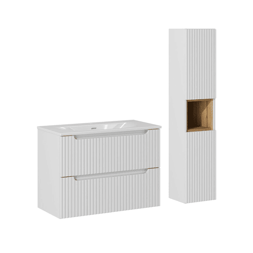 Conjunto móvel lavatório simples 80cm 2 gavetas e coluna Riva Branco e Madeira Conjunto móvel lavatório simples 80cm 2 gavetas e coluna Riva Branco e Madeira