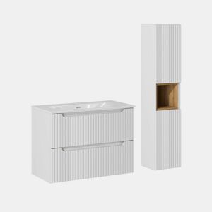 Conjunto móvel lavatório simples 80cm 2 gavetas e coluna Riva Branco e Madeira