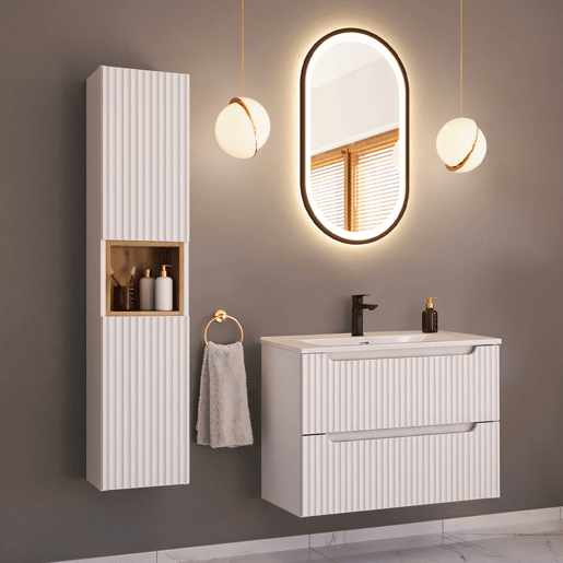 Conjunto móvel lavatório simples 80cm 2 gavetas e coluna Riva Branco e Madeira Conjunto móvel lavatório simples 80cm 2 gavetas e coluna Riva Branco e Madeira