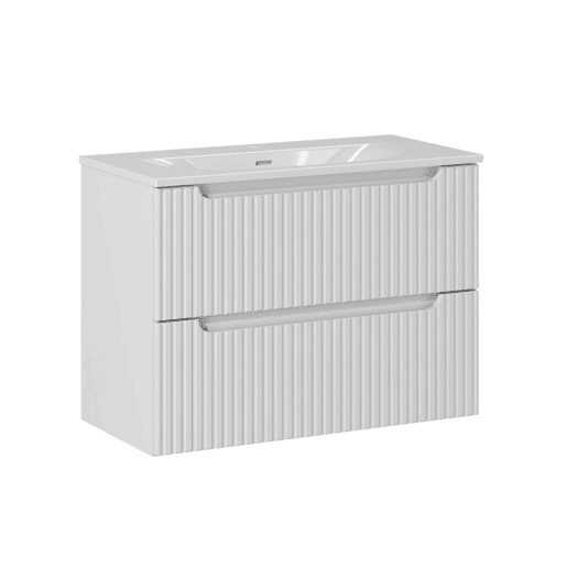 Conjunto móvel lavatório simples 80cm 2 gavetas e coluna Riva Branco e Madeira Conjunto móvel lavatório simples 80cm 2 gavetas e coluna Riva Branco e Madeira