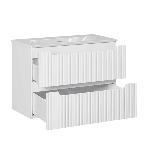 Conjunto móvel lavatório simples 80cm 2 gavetas e coluna Riva Branco e Madeira Conjunto móvel lavatório simples 80cm 2 gavetas e coluna Riva Branco e Madeira