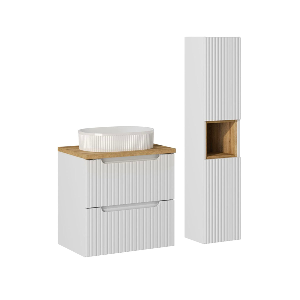 Conjunto de muebles con lavabo individual 60cm 2 cajones y columna riva blanco y madera