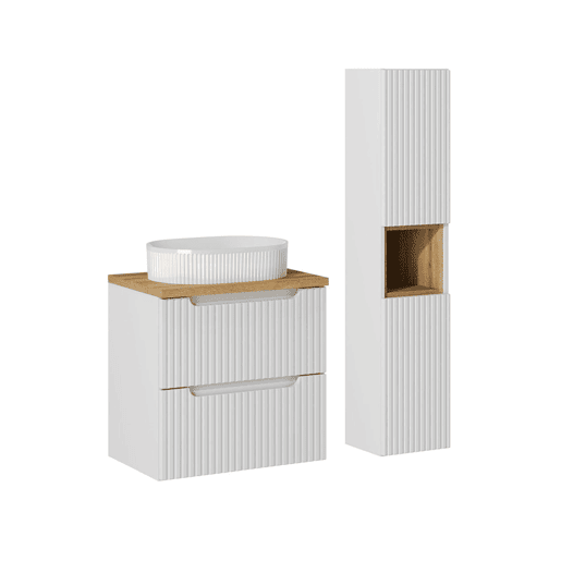 Conjunto móvel lavatório simples 60cm 2 gavetas coluna Riva Branco e Madeira Conjunto móvel lavatório simples 60cm 2 gavetas coluna Riva Branco e Madeira