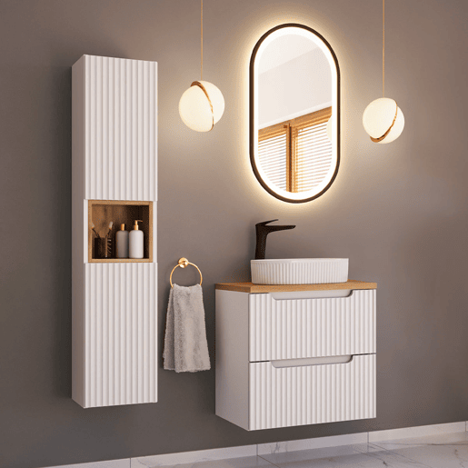 Conjunto móvel lavatório simples 60cm 2 gavetas coluna Riva Branco e Madeira Conjunto móvel lavatório simples 60cm 2 gavetas coluna Riva Branco e Madeira