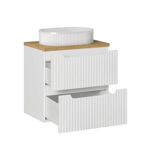 Conjunto móvel lavatório simples 60cm 2 gavetas coluna Riva Branco e Madeira Conjunto móvel lavatório simples 60cm 2 gavetas coluna Riva Branco e Madeira